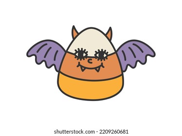 Halloween Candy Corn With Bat Wings. Funny Face. Vector Design On Isolated Background. Cartoon Style. For Print And Web.