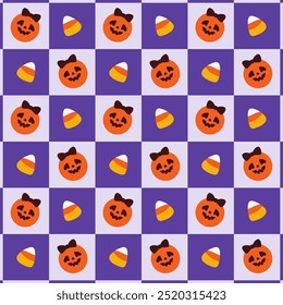 Halloween Candy Corn and Pumpkin Checkered Pattern. Cute Pumpkins with Bows and Candy Corn in Purple Grid.
