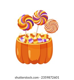 Maíz de dulce de Halloween en una calabaza con copas de caramelo encima. Lollipop en una canasta. Dulces de Halloween, dulces de Navidad. Ilustración vectorial.