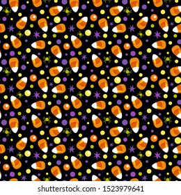 Halloween candy corn seamless pattern, black background with spiders and stars