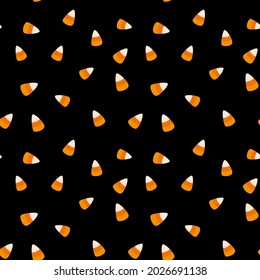 Patrón sin fisuras de maíz dulce de Halloween para envoltura, tela, decoración de fiesta. Caer diseño vectorial de vacaciones con dulces en colores negro y naranja.