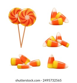 Halloween Süßigkeiten aus Zuckermais. Traditioneller Honig, Zucker, Butter und Vanille orange gelb weißen Kegel Kinder Geschenk. Trick oder behandeln niedlichen 3D-Vektor Lollipop einzelne Illustration Set. Speisekarte für Süßholzhandwerk