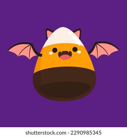 Halloween candy corns isolated on purple background. Halloween design element. Vector cartoon illustration. Candy bat cartoon.