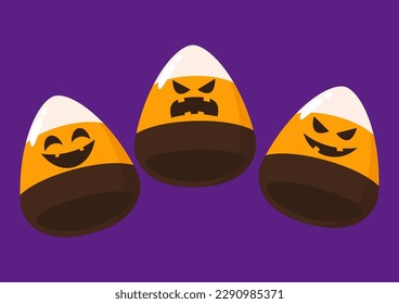 Halloween candy corns isolated on purple background. Halloween design element. Vector cartoon illustration. Pumpkin face.