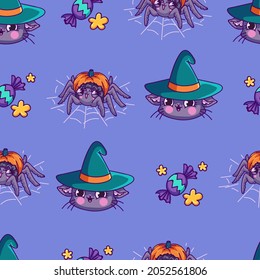 Halloween Candy  Cute Spider Cat Pumpkin vector seamless  Pattern background