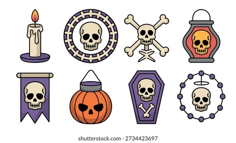 Doce de Halloween e decoração, emblema do crânio, caixa de caixão, cabeça de abóbora, vela, conjunto de crachá assustador, truque ou tratar ícones de festa vetor