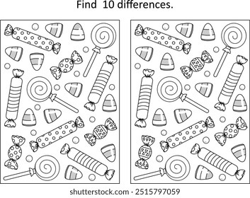 Halloween candy difference game and coloring page
