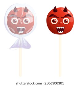 Caramelo de Halloween en forma de diablo. Lollipop demonio de dibujos animados malvado aterrador aislado en blanco. Cartel, Anuncio, elemento de diseño de tarjeta.