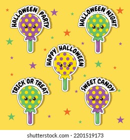 Halloween Candy Funny Cheerful Trendy Retro Style Comic Cartoon Characters Sticker Pack. Vintage Halloween Candy Character Set In Cartoon Comic Style And Halloween Set Of Patches For Design.