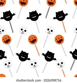 Halloween candy hand drawn seamless pattern in doodle style on white background for fashion print, gift wrapping paper, wallpaper etc.