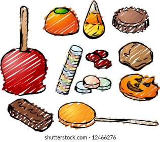  Halloween candy hand-drawn lineart look. Caramal apple, pumpkin jelly, candy corn, peanut butter cup, cinammon, caramel, cookies, chocolate bar, lollipop.
