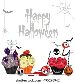 Halloween candy illustration. Background with cupcakes and cake pops. Vector 
