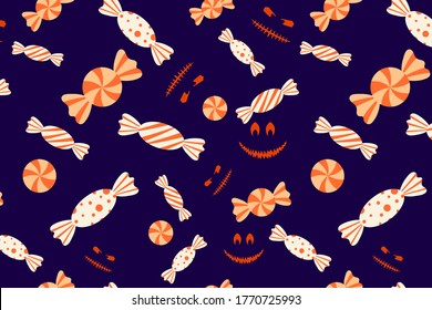 Halloween candy and jack face seamless pattern. Spooky and sweet illustration for print design, fabric, textile, wallpaper, wrapping paper.