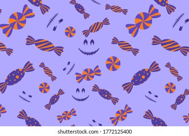 Los dulces de Halloween y el gato se enfrentan a un patrón sin fisuras. Ilustración espeluznante y dulce para diseño de impresión, tela, papel de pared, papel envolvente.