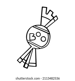 Halloween candy. A lollipop in a wrapper with the inscription "boo". Cute Halloween symbol. Vector hand-drawn illustration in doodle style. Isolated. For postcards, prints, stickers, tattoos.