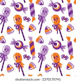 Halloween candy, lollipops in the shaped eye, ghost etc. Childish print. Seamless pattern.