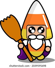 halloween candy mascot costume illustration cute cartoon character holding broomstick