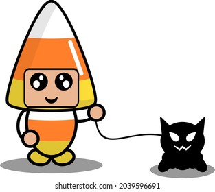 halloween candy mascot costume illustration cute cartoon character holding black pet cat