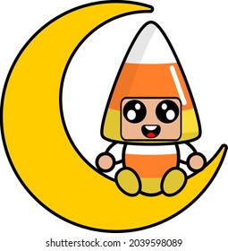 halloween candy mascot costume illustration cute cartoon character sitting on the crescent moon