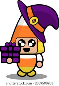 halloween candy mascot costume illustration cute cartoon character wearing witch hat and holding gift