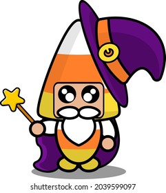 halloween candy mascot costume illustration cute cartoon character wearing witch hat and holding star wand
