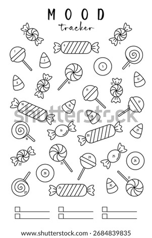 Halloween Candy mood tracker. October mood tracker with different numbered candies. A printable coloring page for daily emotion tracking. Perfect for journals, planners, coloring enthusiasts. Vector