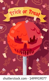 Halloween Candy on the stick with the Head of ack O' Lantern. Halloween party postcard or invitation