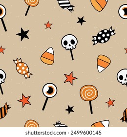 Halloween Candy Muster mit Totenköpfen, Lollis, Sterne und Süßigkeiten Mais handgezeichnet Nahtlose Illustration für Einladung Gruß Geburtstag Party Feier Karte Plakat Banner Textilien Tapete Hintergründe