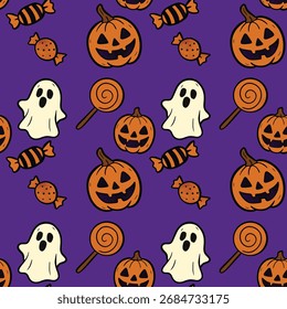 Calabazas de caramelo de Halloween Jack o linterna y lindo fantasma sin patrón con fondo púrpura. Ilustración para la tarjeta del diseño, fondo, impresión de la tela, papel de embalaje, Fondo de pantalla. archivos del Vector