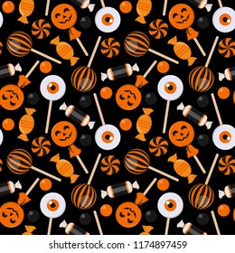 Halloween Candy Seamless Pattern - Assortment of colorful Halloween candies on solid background