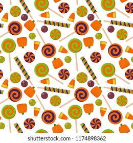 Halloween Candy Seamless Pattern - Assortment of colorful Halloween candies on solid background
