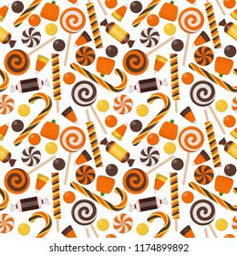 Halloween Candy Seamless Pattern - Assortment of colorful Halloween candies on solid background