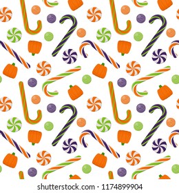 Halloween Candy Seamless Pattern - Assortment of colorful Halloween candies on solid background
