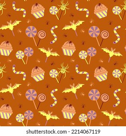 Halloween-Bonbons nahtloses Muster. Auswahl an bunten Halloween-Bonbons. Vektorgrafik
