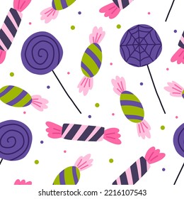 Halloween candy seamless pattern, cartoon flat vector illustration. Spooky background for Halloween celebration. Various candies and lollipops.