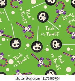 Halloween Candy Seamless Pattern. Colorful Halloween candies background with Trick or Treat? text.