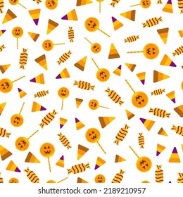 Halloween candy seamless pattern. Halloween party background with lollipops, candy corn. Different types halloween sweets. Design for wrapping paper, wallpaper, packing, fabric. Vector illustration