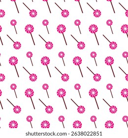 Halloween candy seamless pattern with swirl lollipop in festive spooky style. Repeating pink lollipop on white background. Concept decorative Halloween lollipop for sweet seasonal design, wrap, gift