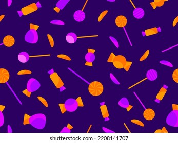 Halloween-Bonbons nahtloses Muster. Probieren oder behandeln. Getrennte Bonbons in violetten und orangefarbenen Wrackern. Kanadier und Lollipops. Design für Grußkarten, Poster und Verpackungspapier. Vektorgrafik