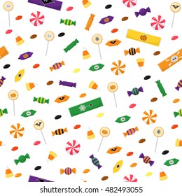 Halloween Candy Seamless Vector Pattern With Lollipop, Chocolate And Caramel