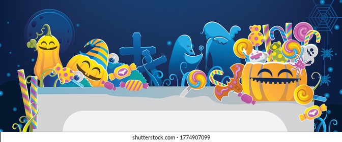 Halloween candy set. Halloween background. Halloween pumpkin at the graveyard and the ghosts. Party nights of cute decorations. The paper empty space for your text. Vector illustration.