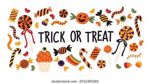 Halloween candy set. Holiday sweets collection. Vector illustrations isolated on white background