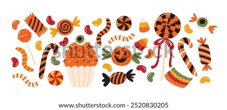 Halloween candy set. Holiday sweets collection. Vector illustrations isolated on white background