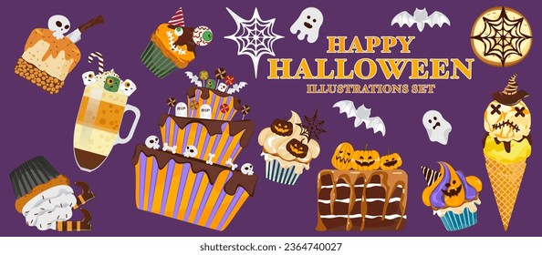 Juego de dulces de Halloween, dulces y tentempiés, dulces duros, quequitos, helados, pasteles, panadería, donuts, galletas, decoraciones fantasmas aterradoras. Ilustración vectorial adecuada para cualquier fondo de diseño de vacaciones.