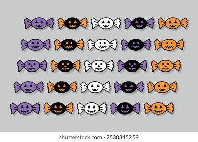 Conjunto de dulces de Halloween, dulces de truco o trato, colección de dulces en diferentes envoltorios, Elementos de diseño de Vector