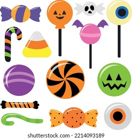 Conjunto de dulces de Halloween, ilustración vectorial.