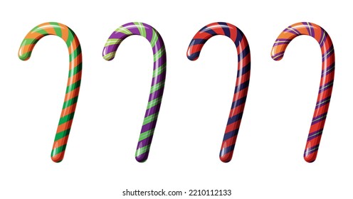 Halloween candy set.Vector peppermint striped candy cane Halloween trick or treat food snack. Candycane stick, sugar lolly with orange and black stripes. Festive dessert cane spiral with stripes.