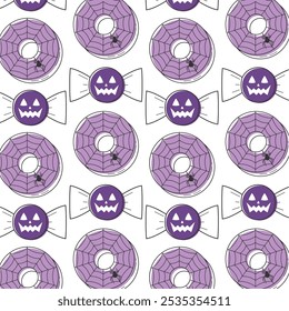 Halloween candy and spiderweb donut seamless pattern Vector