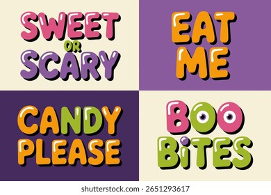 Halloween candy sticker, sweet or scary, eat me, candy please, boo bites, colorful treat label, spooky dessert sign, party design