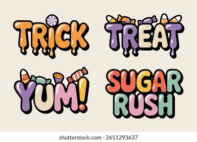 Adesivo de doce de Halloween, truque tratar yum, corrida de açúcar, etiqueta de deleite colorido, sinal de sobremesa assustador, decoração de festa de Halloween